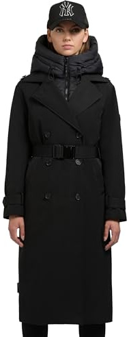 khujo Damen Wintermantel warmer Trenchcoat mit Taillengürtel und abnehmbaren Kragen Elena-YM Black Gr. M