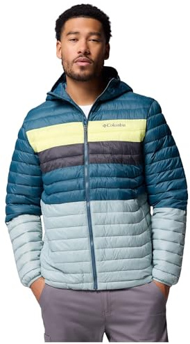 Columbia Men's Powder Pass Hooded Jacket, Hooded Puffer Jacket, Crushed Blue, Everblue, Neon Light, Shrk, XXL
