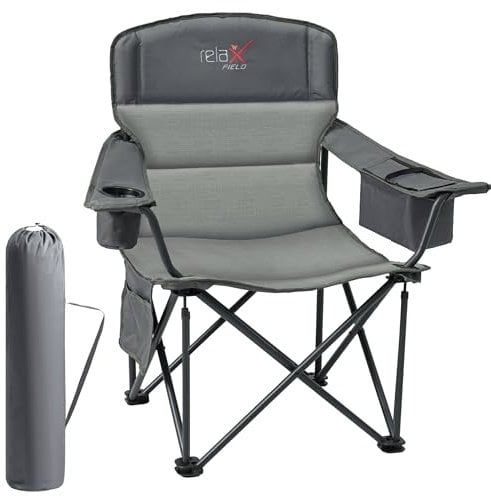 RELAX FIELD Set of 2 Oversized Camping Chairs for Adults 200KG with Cup Holder and Cooler Bag, Heavy Duty Extra Wide Folding Camping Chairs for Outdoor Picnic Fishing, Grey