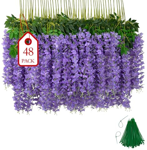 BIRDDIE 48 Stück Künstliche Glyzinien Hängende Wisteria Hellviolett | Kunstblumen Hängend Wie Echt Künstlich Hängeblumen für Outdoor Draußen Balkon Garten Hochzeit Blumengirlande