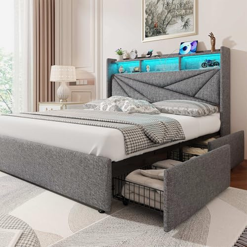 Driftalia LED King Size Bed Frame with 4 Storage Drawers, Upholstered King Bed Frame with 2-Tier Headboard and Charging Station, No Box Spring Needed, Easy to Assembly - Light Grey