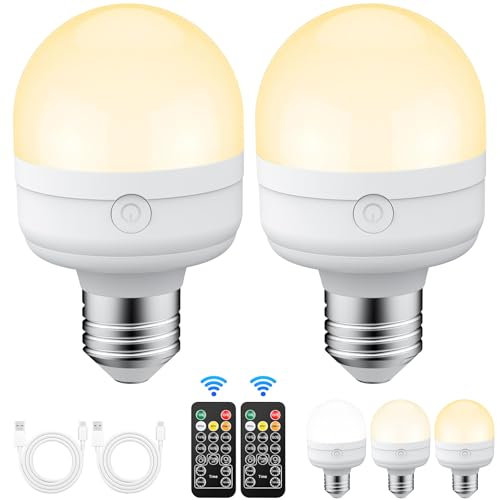 BOOTEEK 2 Piezas Bombilla Recargable con Mando, 3 Temperaturas de Color Regulable, Bombilla LED E27 Desmontable con Temporizador, Bombilla Inalámbrica para Lámparas Sin Cableado, Decoración del Hogar