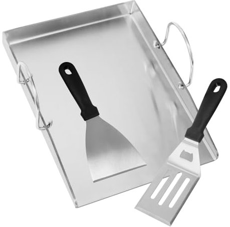 Grillplatte Plancha mit 2 Grillspachtel Set für Gasgrill und Holzkohlegrill, 40 x 30 x 4 cm Edelstahl BBQ mit Abnehmbar Griffen