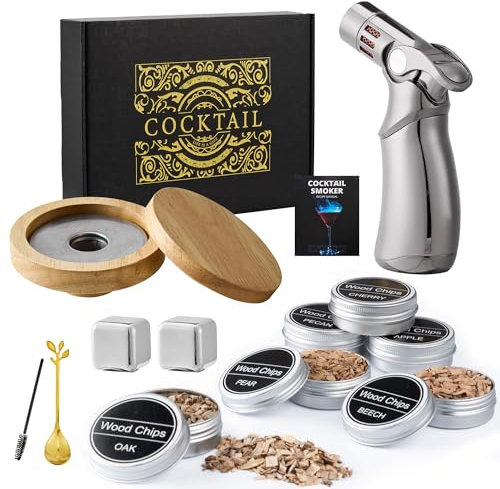 Cocktail Smoker Set mit Brenner, Old Fashioned Räucher-Set, Whiskey Räucherset mit 6 Holzchips, Geschenk für Papa, Ehemann und Cocktail-Liebhaber (ohne Butan) (Edelstahlsteine)