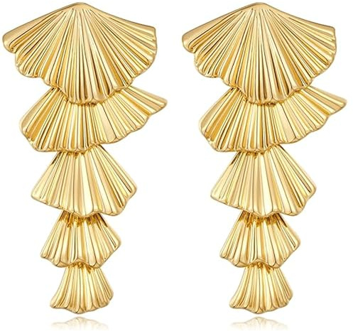 BelleVive Golden Shell Statement Earrings, 18-Carat Gold Plated Brass, Dangle Design, Perfect for Summer and Special Occasions