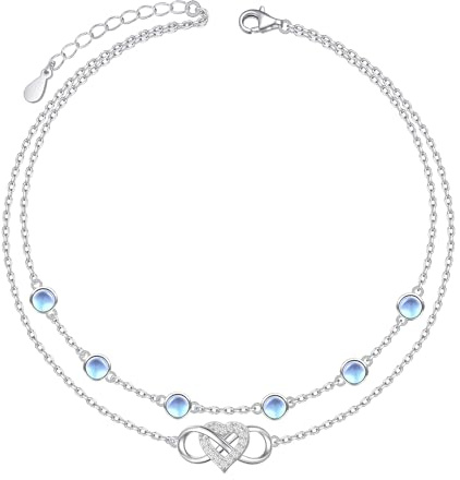 HOOHWE Fußkettchen für Damen Silber 925 Verstellbar Mondstein Fußkette Mehrlagig Unendlichkeits herz/Böses Auge Fussketten für Frauen Doppel Anklets Strand Schmuck