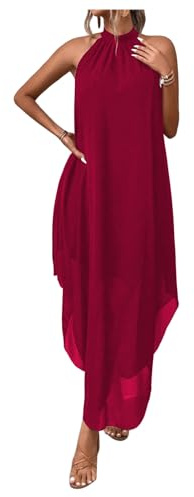 Verdusa Women's Wedding Guest Dress Halter Flowy Chiffon Asymmetrical Long Summer Prom Dress Red Large
