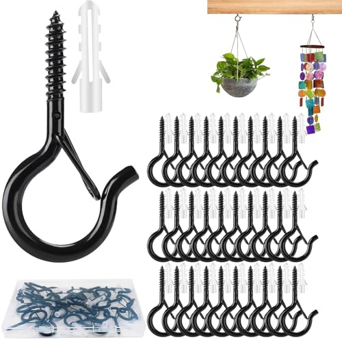 30pcs Screw Hooks, Ceiling Hooks with Safety Buckle, Metal Hooks for Hanging Plants, Bird Houses, Wind Chimes, Christmas Lights Outdoor Attachment (Black)