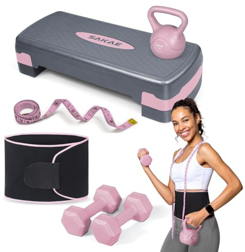 Adjustable Exercise Stepper Kit with Dumbbells & Kettlebell & Weightlifting Belt & Measuring Tape, 2 Level Risers Aerobics Step Platform for Home Gym Exercise Fitness Workout, Pink Grey