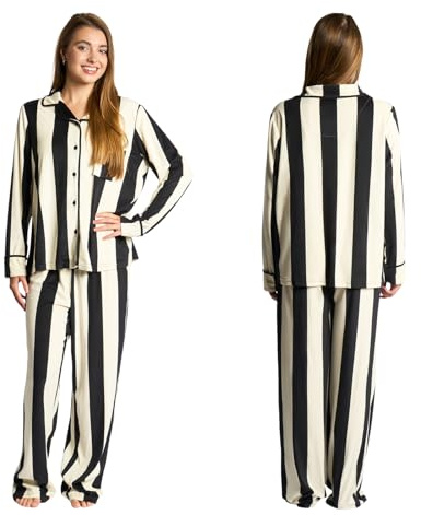 OHS Pjs for Women Sets Stripe, Long Sleeve and Full Length Bottom Womens Pyjamas Bride Pjs Two Piece Button Down Nightwear Sleepwear for Women, Monochrome - L/XL