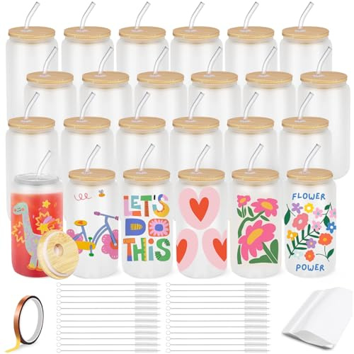 Cafultgo 24 Pack Sublimation Water Bottle 16OZ Sublimation Blanks Wholesale Frosted Glass Mason Jar Tumbler Cups Mugs with Glass Straw for Beer, Iced Coffee, Juice, Soda, Drinks