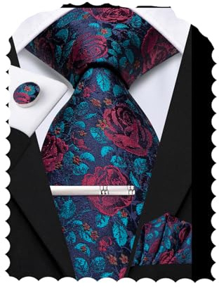 Hi-Tie Cravates en soie pour homme Rose Bleu Noir Ensemble de cravates pour homme 4 pièces Cravate Pochette de costume Boutons de manchette Attache pour mariage, M