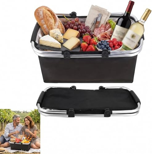 Einkaufskorb Faltbar, Einkaufskorb mit Kühlfunktion, Thermo als Picknickkorb,Tragekorb,Kühlbox Tragbare mit Gepolsterten Griffen,für Einkaufen,Reisen,Picknick,18L(Schwarz)
