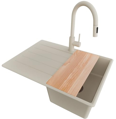 PRIMAGRAN Granitspüle ab 40er Unterschrank + Küchenarmatur, 70x50cm | Set: Küchenarmatur BW9010 + Ablauf-Set + Schneidebrett + Spülbecken 1 Becken - Kopenhagen Top, Beige