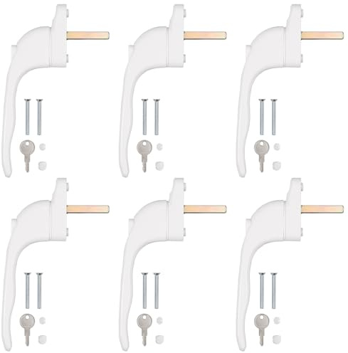 Kamtop uPVC Window Handles, 43mm Spindle, Lockable, White, 6 Pack | Aluminium inline replacements with keys, reversible left or right fitting, for double-glazed home and office windows