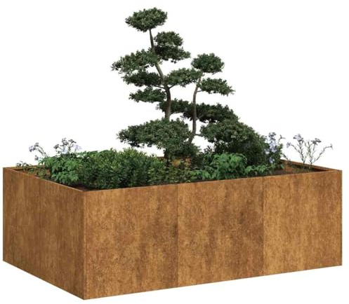 SKTQYQO Pflanzgefäß aus rostigem Cortenstahl, 120 x 80 x 40 cm, für Garten, Terrasse und Balkon, Hochbeet mit offenem Boden für Entwässerung und Stabilität, langlebiges Material