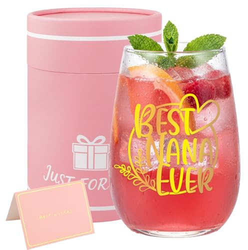 Bliceon Best Nana Gifts, Nana Birthday Gifts, 15 Oz Personalised Wine Glass, Grandma Gift from Grandchildren, Stemless Wine Glasses for Grandma, Retirement Gift for Women