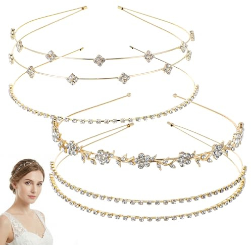 Molain 4 Stück Gold Strass Stirnbänder Haarreif Kristall Einfachheit Stirnband Hochzeit Glitzer Braut Haarschmuck Blatt Funkelnde Haarband Kopfschmuck Haarreifen für Frauen Mädchen
