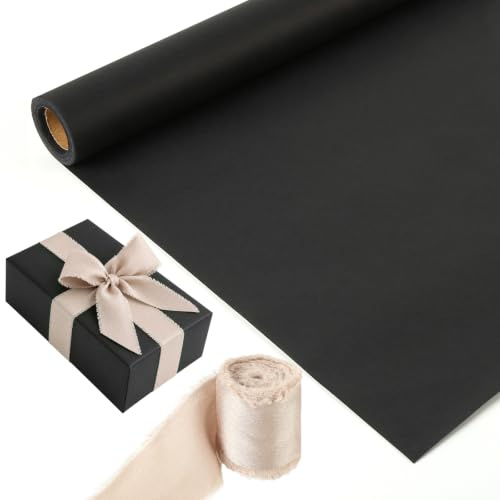 Rouleau de papier cadeau 44 cm x 10 m de papier kraft avec ruban cadeau, noir mat, rouleau de papier cadeau pour Noël, anniversaire, mariage et artisanat