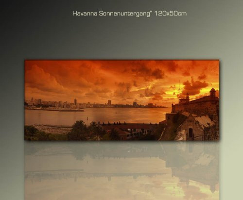 TOP Bilder! Wandbild xxl günstig & modern (Havanna-Sonnenuntergang-120x50cm) Deko Bilder fertig gerahmt mit Keilrahmen groß im Bilder Shop. Ausführung schöner Kunstdruck auf echter Leinwand als Wandbild mit Rahmen. Preiswerter als Ölbild Gemälde Foto Poster Plakat mit Bilderrahmen. Picture Style (Stadt Havanna Kuba Meer Wolken Sonnenuntergang Abendstimmung gelb braun). 100% Made in Germany.