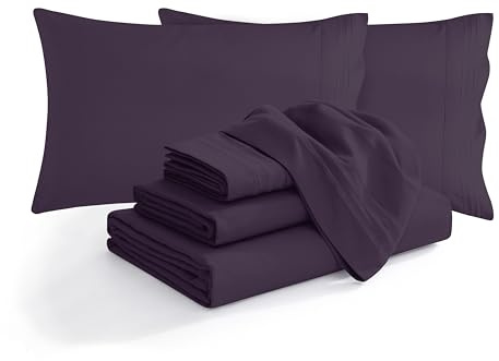 Elegance Linen ® 1500 Thread Count WRINKLE RESISTANT 4 pc Sheet set, Deep Pocket and Colors, Queen Purple