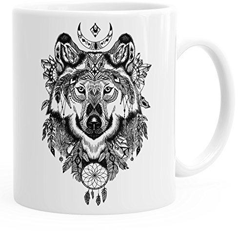 Autiga Kaffee-Tasse Wolf Atzekenmuster Boho Bohamian Atzec Animal Ethno einfarbig weiß Unisize