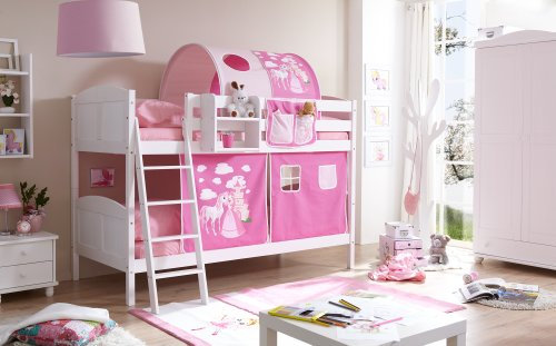 Etagenbett Doppelbett Kinderbett Erni Kiefer massiv Weiss teilbar, Vorhangstoff:Horse Pink