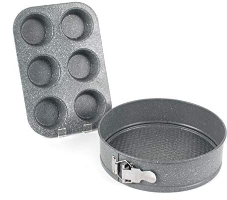 Salter COMBO-1966 Non-Stick Bakeware Set - 2 Piece Home Baking Trays, 6 Cup Muffin Tray, Quick Release Ø28cm 9 Inch Spring Form Cake Tin, Grey Marble, Strong Carbon Steel, Heat Resistant Up to 220°C