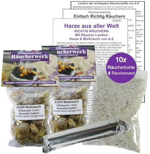 2 x 50ml Aden WEIHRAUCH Olibanum Boswellia CARTERII 1. Wahl Reine HARZE zum Räuchern & Ausräuchern. 6-TLG Räucherset (4 x ZUBEHÖR) mit Räucherwerk für Hausreinigung & Rauhnächte. 81670-33