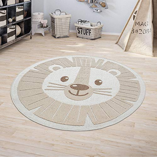 Paco Home Kinderteppich Kinderzimmer Outdoorteppich Rund Spielteppich 3D Effekt Löwe Beige, Grösse:Ø 160 cm Rund