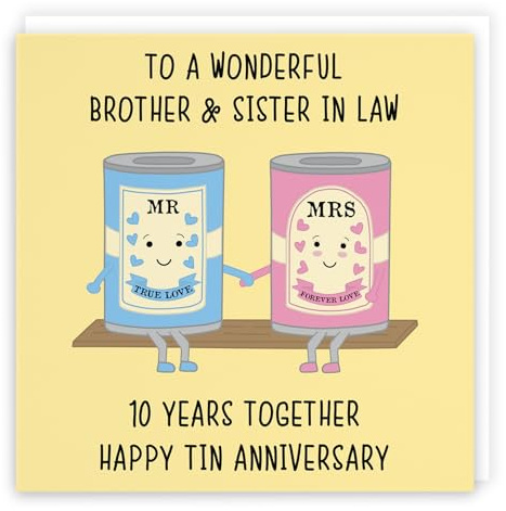 Hunts England - Brother And Sister In Law 10th Anniversary Card - To A Wonderful Brother & Sister In Law - 10 Years Together - Happy Tin Anniversary - Iconic Collection