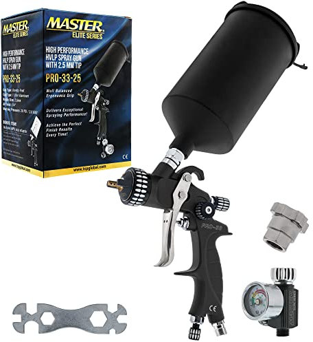 Master Elite High Performance PRO-33 Series HVLP Spray Gun with 2.5mm Tip and Air Pressure Regulator Gauge, MPS Cup Adapter - Auto Paint 2K Primers, Metal Flake, Gel Coat, Industrial Coatings