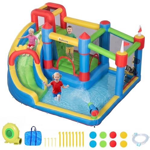 Outsunny Castello Gonfiabile per Bambini 6 in 1 con Scivolo, Trampolino, Piscina, Parete da Arrampicata, Pistola ad Acqua, Gonfiatore, 3-8 Anni, Interni Esterni, 390x300x197 cm, Regalo per Compleanno