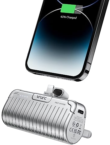 VRURC Mini Batterie Externe 5000mAh avec Support,20W Charge Rapide compacte Petite Power Bank Compatible avec iPhone 14/13/13/12/11/XS/XR/X/8/7/6/Plus/Max/Pro(Argent)