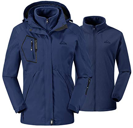 donhobo Damen 3-in-1 Skijacke mit Fleecejacke wasserdichte Regenjacke Outdoorjacke mit Kapuze Abnehmbare Funktionsjacke Warm Winterjacke Doppeljacke Blau XXL