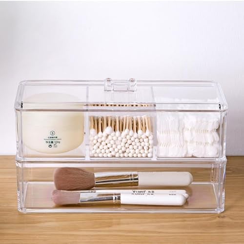ROWNYEON Clear Acrylic Makeup Drawer Organiser Box,Stackable Cosmetic Organiser Set with Lid, Dresser Bathroom Storage Drawer Dividers Tray for Cabinet, Vanity,(3 Small 1 Big Compartments with Cover)
