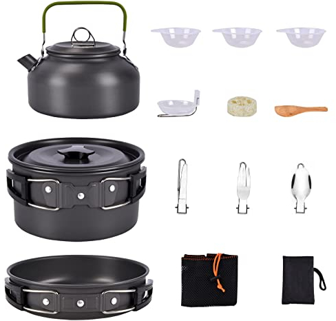 YIDESKY Utensilios Cocina Camping,Camping Cookware Outdoor,14 PCS Camping Kit de Portátil y Liviano Acero Inoxidable Ollas y Sartenes para camping, vajilla para cocinar al aire libre