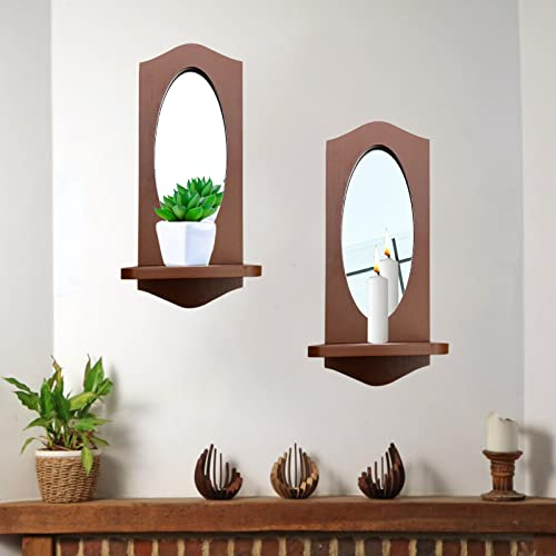 Verspiegelte Kerzenleuchter aus Holz, rustikale Wandhalterung, ovale Bauernhaus-Wandkunst, gewölbter oberer Rahmen, verspiegelter Kerzenhalter (2er-Set, Walnuss)