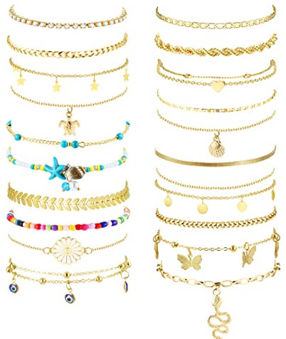 CASSIECA 20pcs Bracelets de Cheville Boho pour Femme Or Chaînes de Cheville Réglables Bracelets de Pied de Plage Chaînes de Pied en Couches Bijoux de Bracelet de Cheville à Breloques Mignonnes