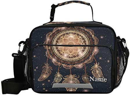 Bohemian Dream Catcher Custom Lunch Box, Add Your Name Lunch Bag with Adjustable Shoulder Strap Isolated Tote Bag Picknick Box Lunch Bag for School Teens Snacks Isolated Cooler Tote