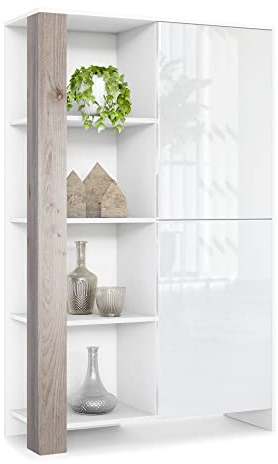 Vladon Buffet Haut Canto, Meuble Haut avec 2 Portes et 8 Compartiments, Corps Blanc Mat, façades Blanc Brillant, Panneaux décoratifs chêne Nordique (95 x 151,5 x 36 cm)
