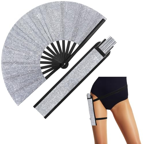 Ripeng 13 Glitter Large Rave Folding Hand Fan Clack Rave Fan for Women with Leg Strap and Fabric Case Bag for Dance, Edm, Silver, 13
