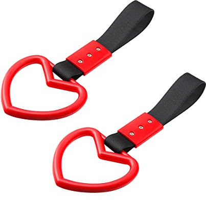 JNNJ 2 Stück Heckstoßstange Warnring, Auto Handschlaufe Ring, Universal Bus Griff Handschlaufe Charm, Ring Herz Zug Griff Handschlaufe Drift Charm Strap Drift(Rot)