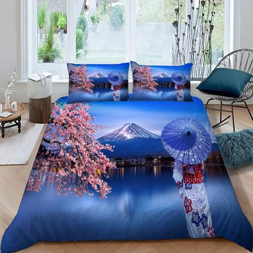 AASIRA Japan Sakura Bettwäsche 135x200 Kinder Bettwäsche Japanische Landschaft Weiche Mikrofaser Bettbezug mit Reißverschluss Jungen Mädchen Bettwäsche-Set 3D Motiv Bettbezüge mit 2 Kissenbezug 80x80