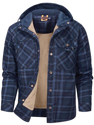 Mr.Stream Homme Casual Manches Longues à Carreaux Flanelle Bouton fourrée Chaud Chemise Sherp Veste Hoody 3252/Dark Blue M