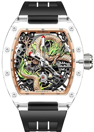Haofa Transparente 3D-Drachen-Mechanische Uhr für Herren, Automatische Hohlglasgehäuseuhr, Wasserdicht, Leuchtend, Herrenuhr, Lässige Mode, 2321