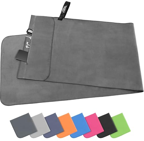 Pameil Fitness Handtuch mit Reißverschluss Tasche |120x50cm| Gym Mikrofaser Handtuch, Kompakt & Schnelltrocknend - Sporthandtuch Fitnessstudio, Reisehandtuch