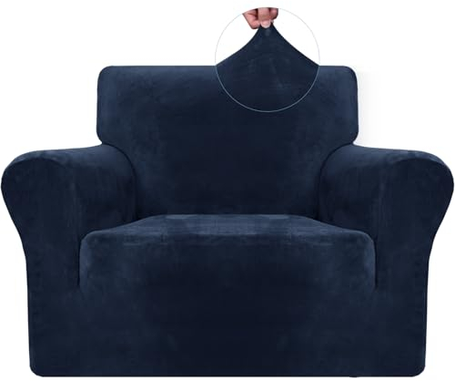 CYCMACO Samt Sofa Überzug 1 Sitzer, Sesselhusse Elastische, Couch Überzug Haustier Katze Hunde, Universal Sofa Cover Moderne, Sofahusse Mit Armlehnen, Sofaschoner rutschfest, Dunkel Blau