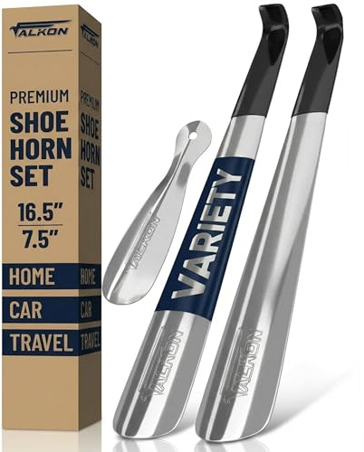 FALKON Shoe Horn Long Handle for Seniors & Elderly - 2 x 16.5” Stainless Steel Shoehorns + 7.5” Travel Shoe Horn, Metal Shoe Horns, 3 Pack