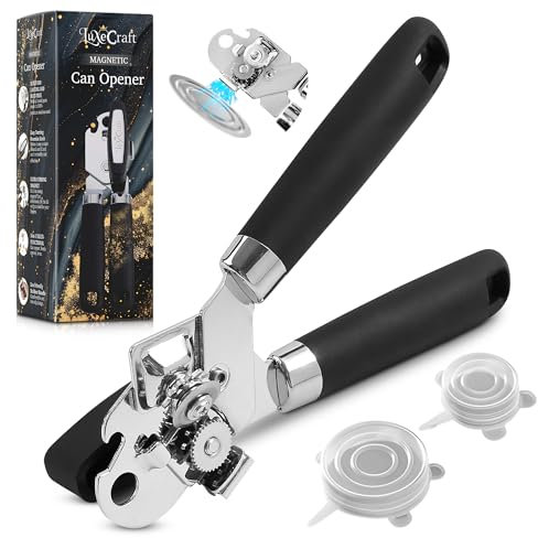 Empire Tin Opener UK, 3-in-1 Can Opener Handheld – Heavy Duty Stainless Steel Manual Tin Opener for Arthritis Hands with Magnetic Lid Lifter | Smooth Edge, Comfortable Grip Bottle Opener – Black